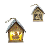 Ξύλινο Κρεμαστό Σπιτάκι με Φως και Άγιο Βασίλη 9cm 6 τεμάχια