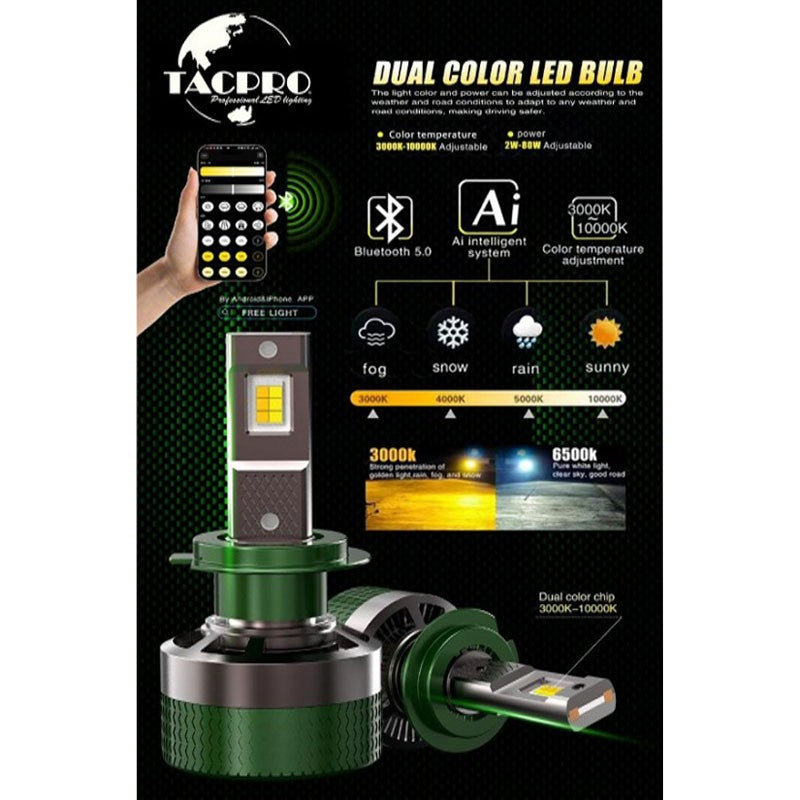 TACPRO Δίχρωμη LED λάμπα αυτοκινήτου H4 με Bluetooth και ρυθμιζόμενη θερμοκρασία φωτός 3000Κ-10000Κ