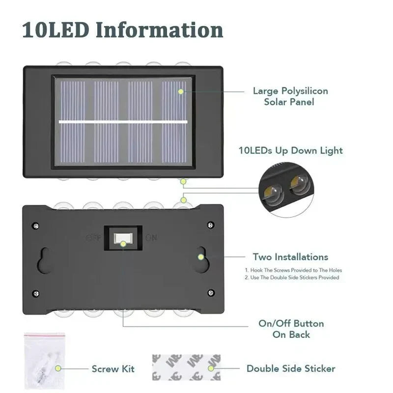 Ηλιακό Επιτοίχιο Φωτιστικό με 10 LED Εξωτερικού Χώρου Αδιάβροχο
